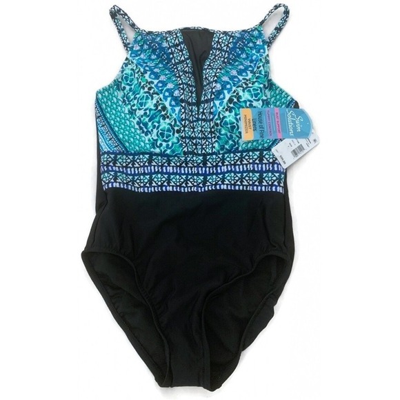 NWT Swim Solutions 14 V Neck Mesh Mio Tummy-control 1 pc Swimsuit 130410 - Picture 2 of 6